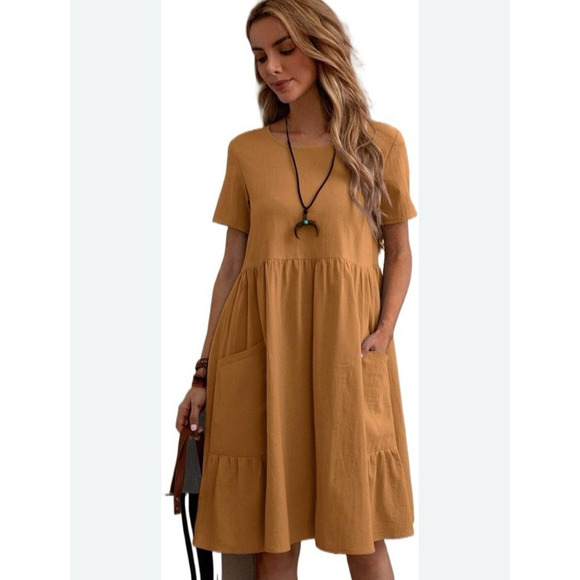 SHEIN Orange Dress Large A Line Gauzy Pockets Flowy Summer Boho - Picture 1 of 8